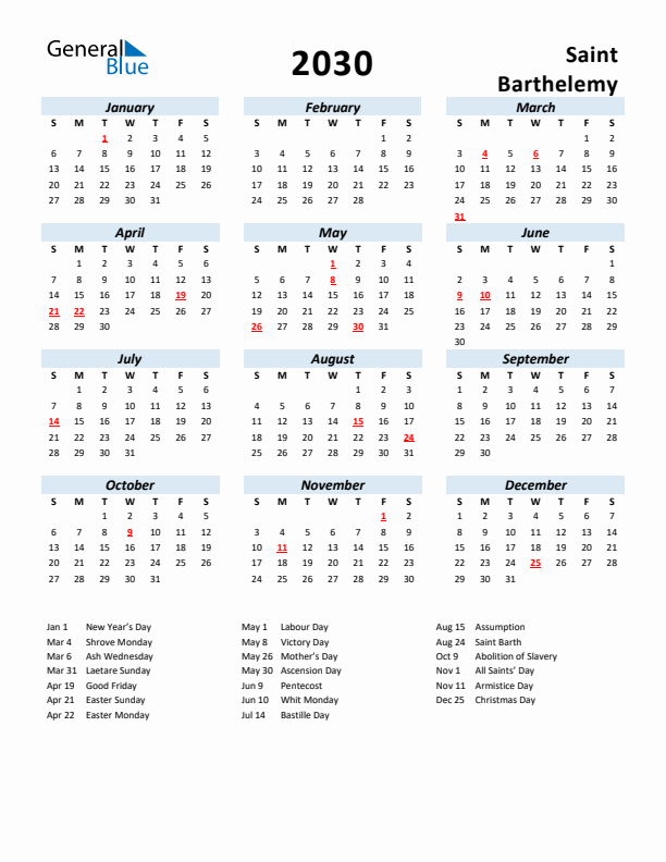2030 Calendar for Saint Barthelemy with Holidays