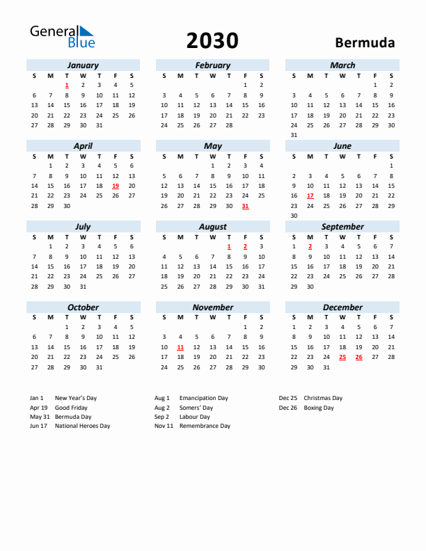 2030 Calendar for Bermuda with Holidays