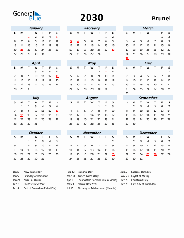 2030 Calendar for Brunei with Holidays