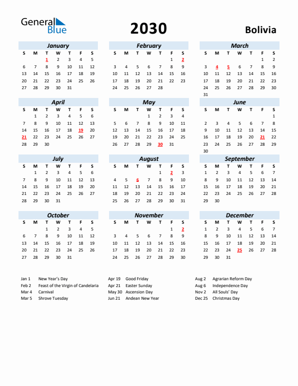 2030 Calendar for Bolivia with Holidays