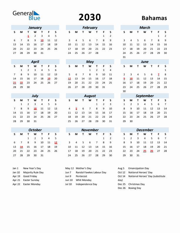 2030 Calendar for Bahamas with Holidays