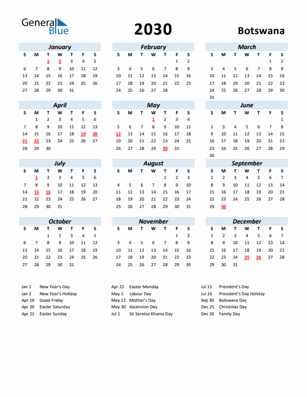 2030 Calendar for Botswana with Holidays