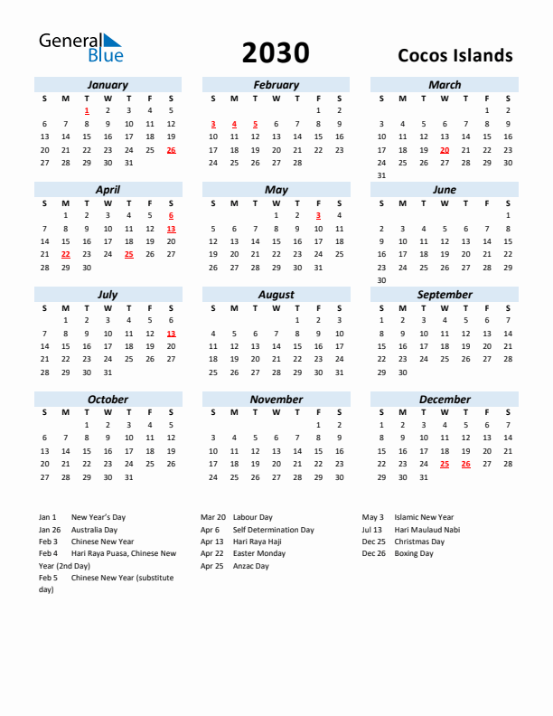 2030 Calendar for Cocos Islands with Holidays