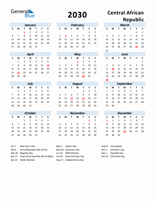 2030 Calendar for Central African Republic with Holidays