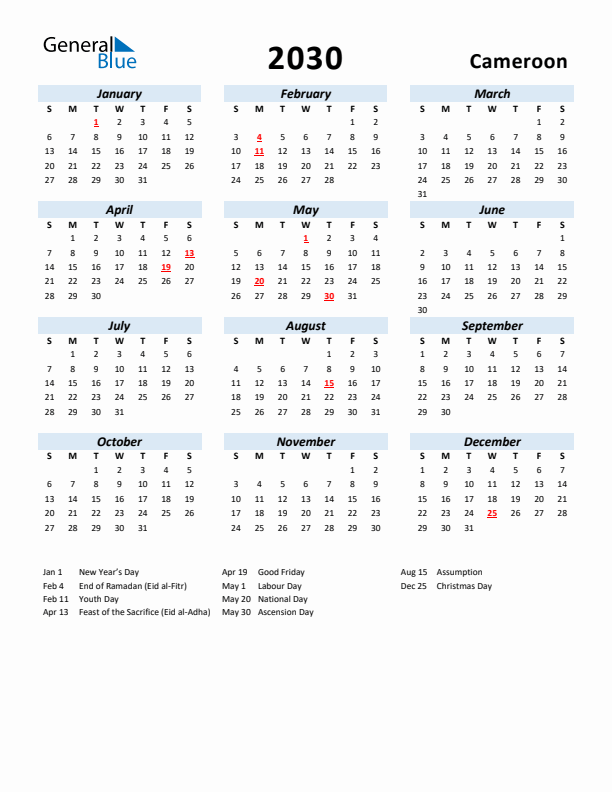 2030 Calendar for Cameroon with Holidays