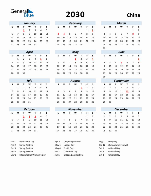 2030 Calendar for China with Holidays