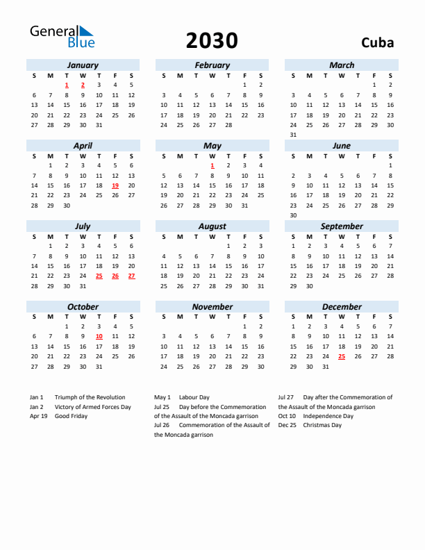 2030 Calendar for Cuba with Holidays