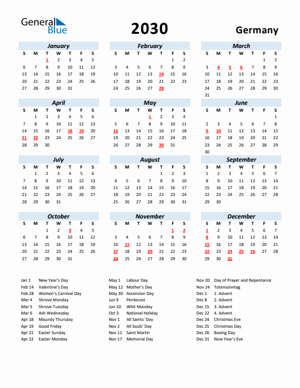 2030 Calendar for Germany with Holidays