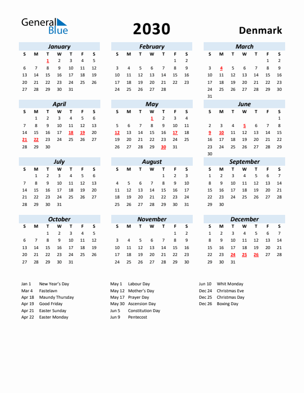 2030 Calendar for Denmark with Holidays