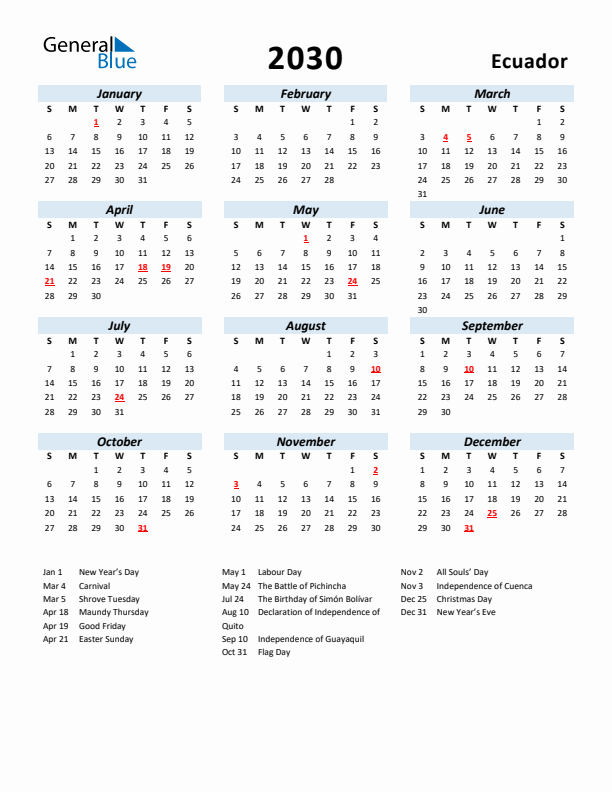 2030 Calendar for Ecuador with Holidays