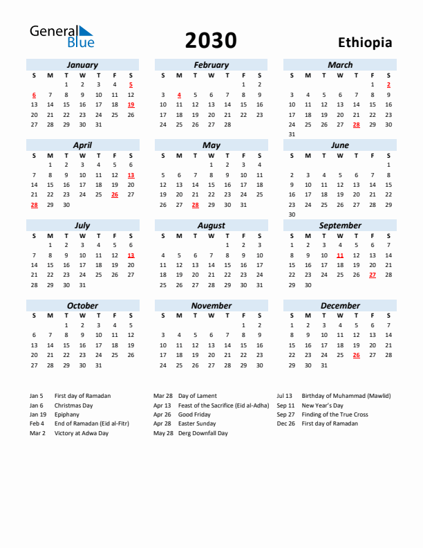 2030 Calendar for Ethiopia with Holidays