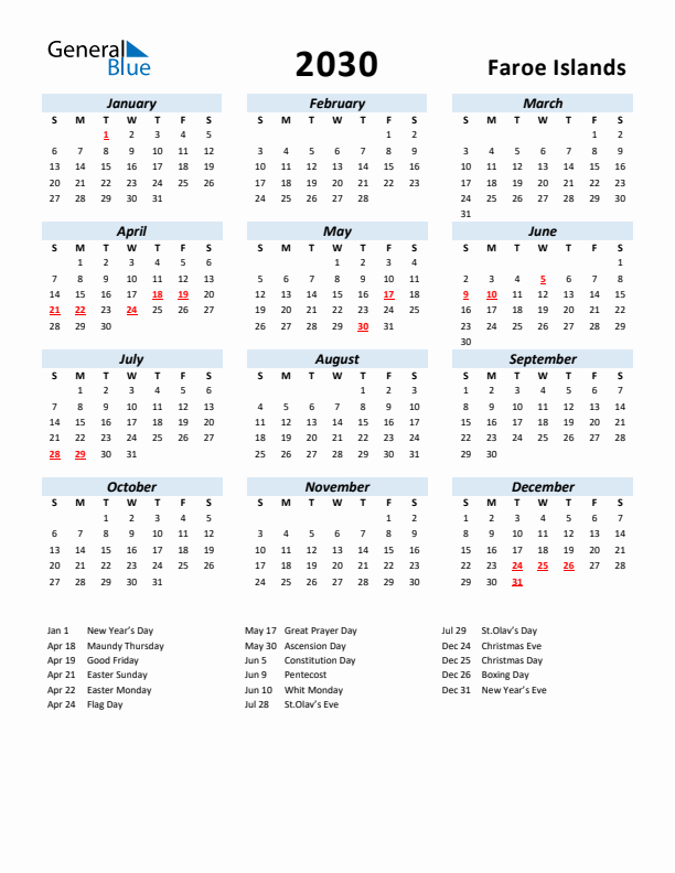 2030 Calendar for Faroe Islands with Holidays