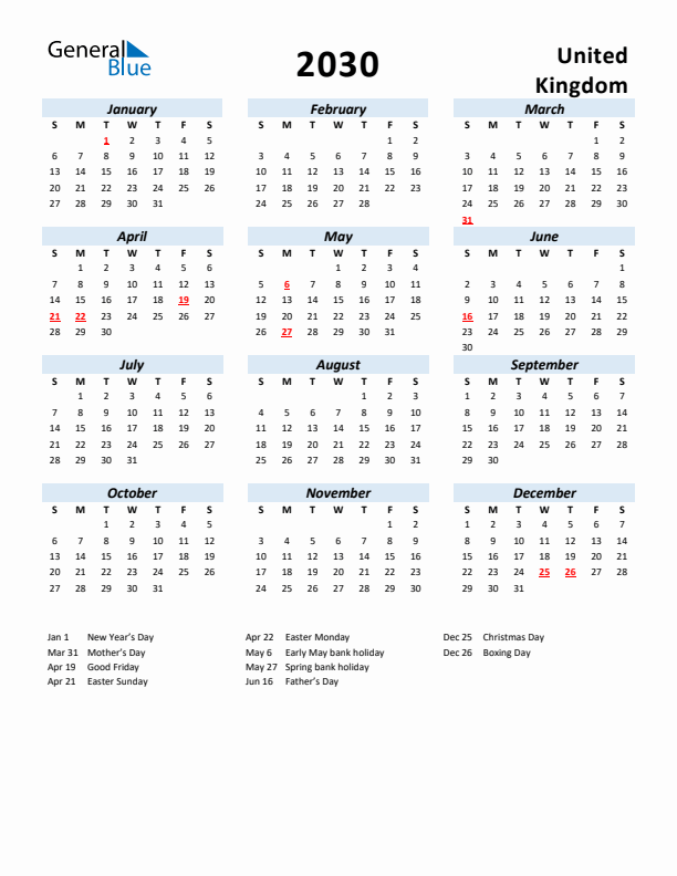 2030 Calendar for United Kingdom with Holidays