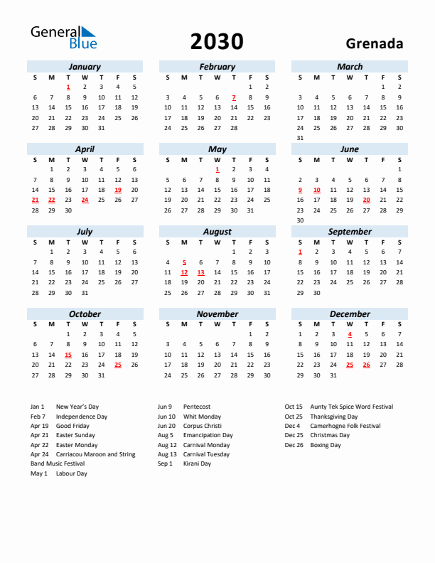 2030 Calendar for Grenada with Holidays
