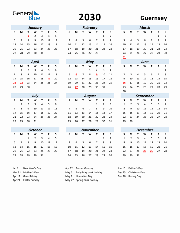 2030 Calendar for Guernsey with Holidays