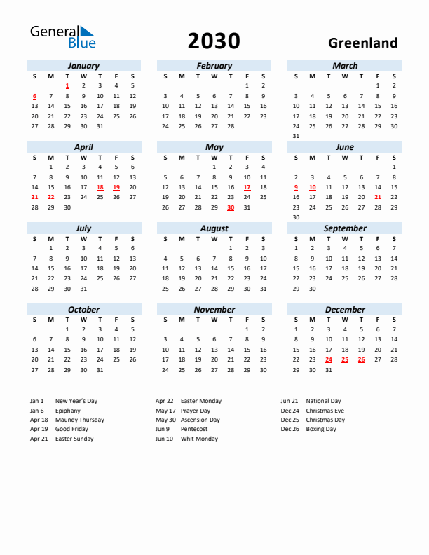 2030 Calendar for Greenland with Holidays