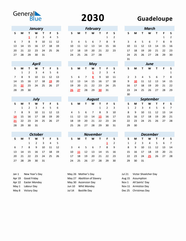 2030 Calendar for Guadeloupe with Holidays