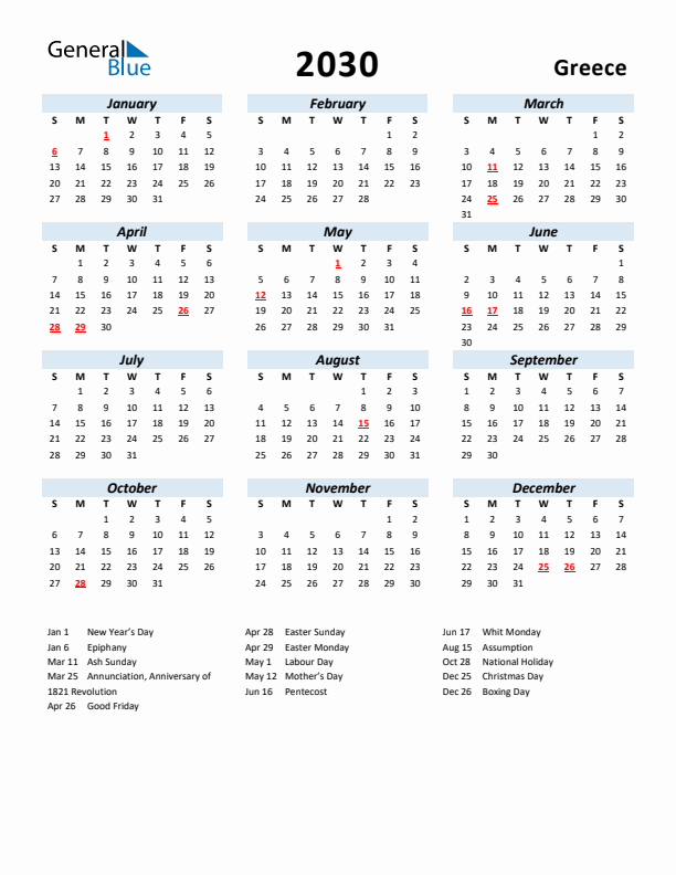 2030 Calendar for Greece with Holidays