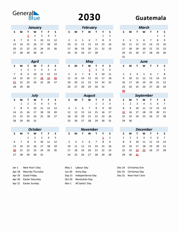 2030 Calendar for Guatemala with Holidays