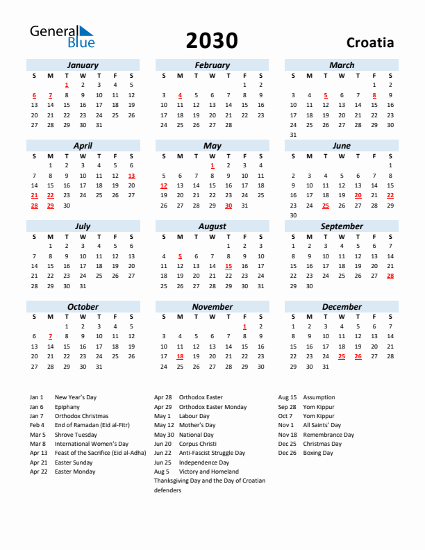 2030 Calendar for Croatia with Holidays