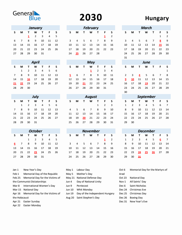 2030 Calendar for Hungary with Holidays
