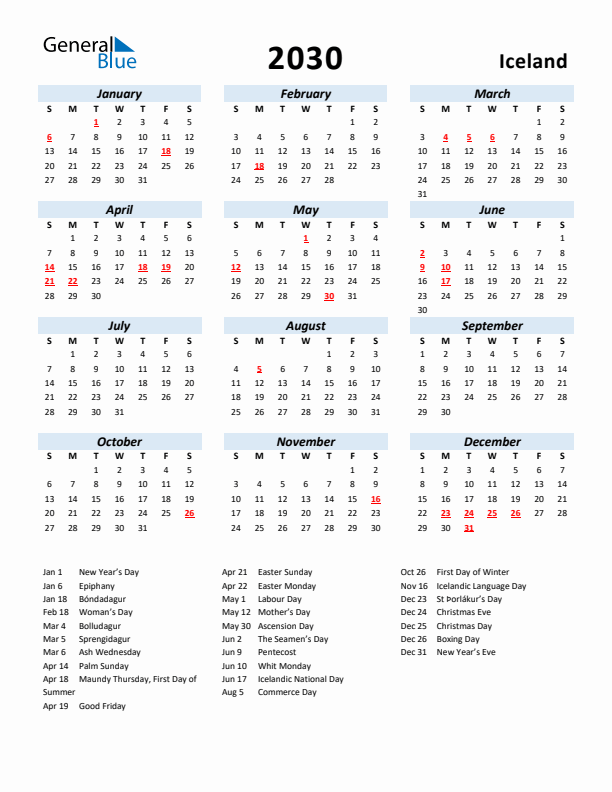 2030 Calendar for Iceland with Holidays