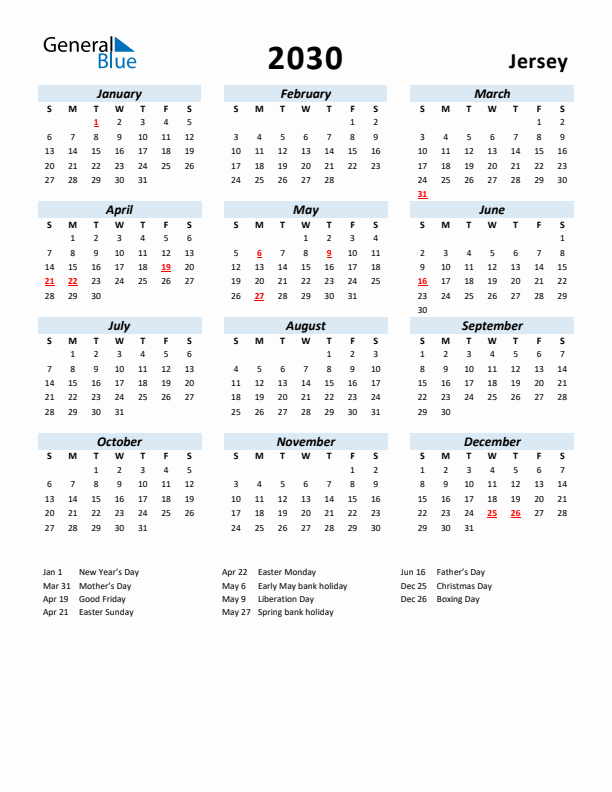 2030 Calendar for Jersey with Holidays
