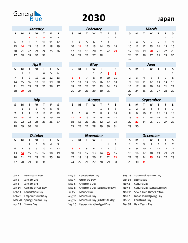 2030 Calendar for Japan with Holidays