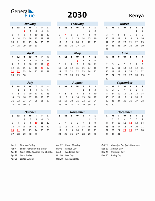 2030 Calendar for Kenya with Holidays