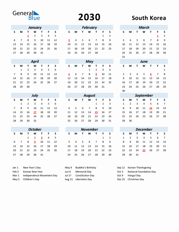 2030 Calendar for South Korea with Holidays