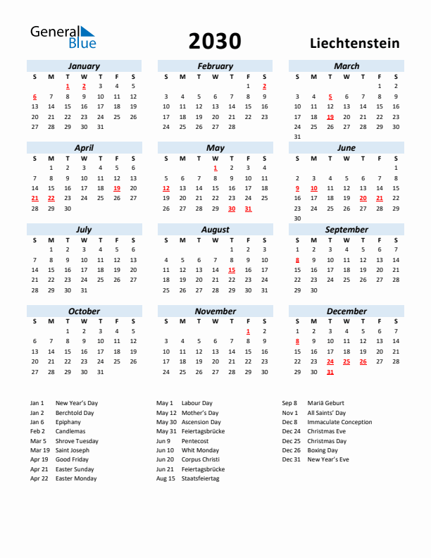 2030 Calendar for Liechtenstein with Holidays