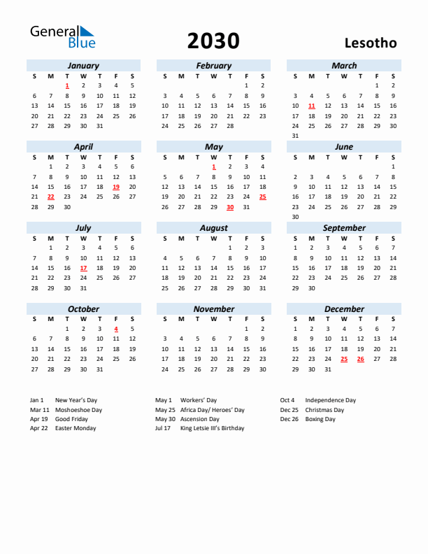 2030 Calendar for Lesotho with Holidays