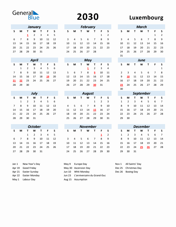 2030 Calendar for Luxembourg with Holidays