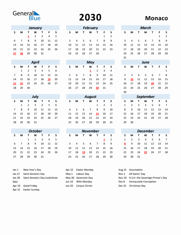 2030 Calendar for Monaco with Holidays