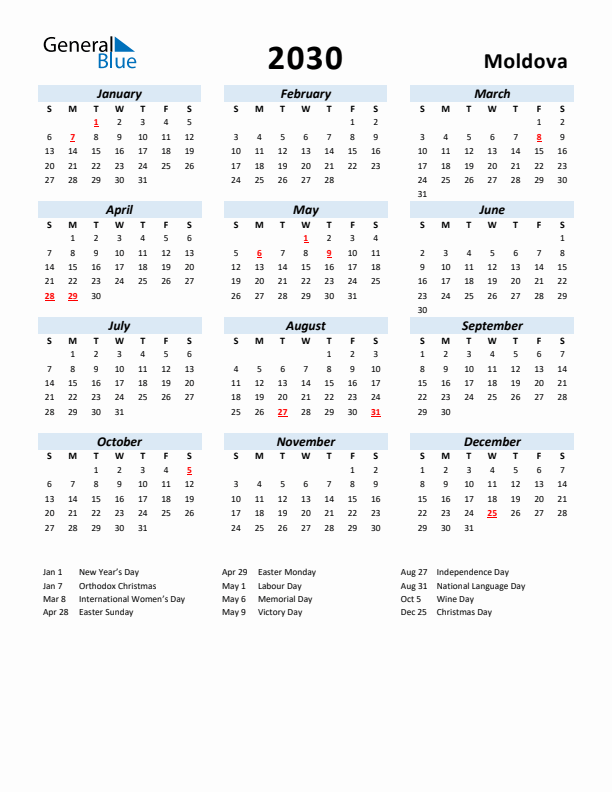 2030 Calendar for Moldova with Holidays