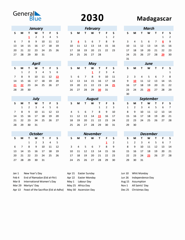 2030 Calendar for Madagascar with Holidays
