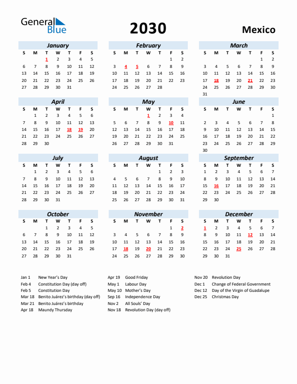 2030 Calendar for Mexico with Holidays