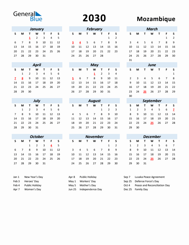 2030 Calendar for Mozambique with Holidays