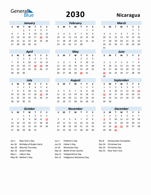 2030 Calendar for Nicaragua with Holidays