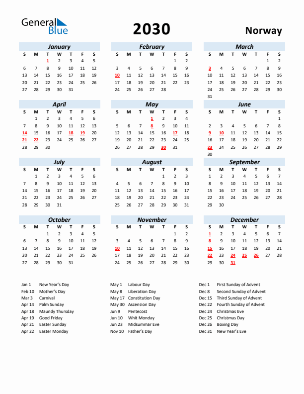 2030 Calendar for Norway with Holidays