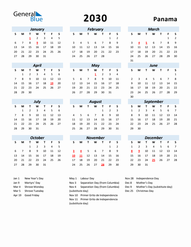 2030 Calendar for Panama with Holidays