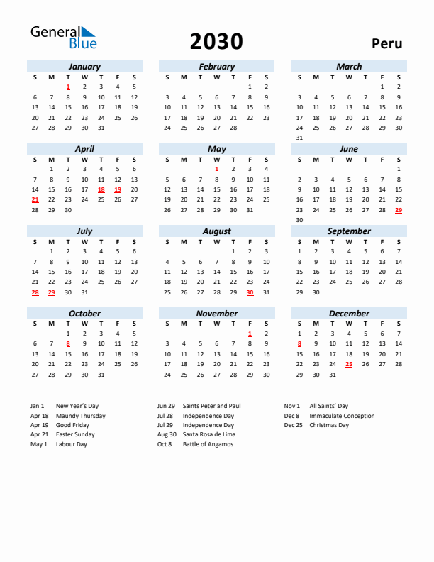 2030 Calendar for Peru with Holidays