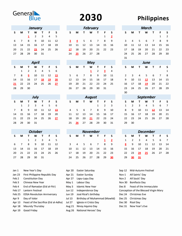 2030 Calendar for Philippines with Holidays