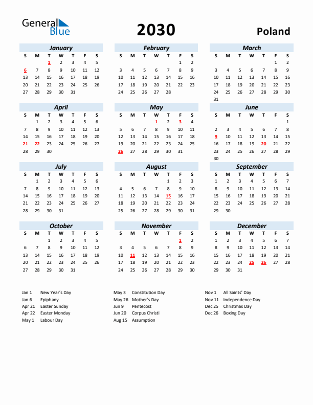 2030 Calendar for Poland with Holidays