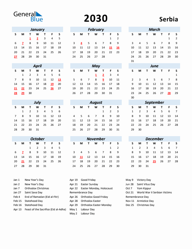 2030 Calendar for Serbia with Holidays