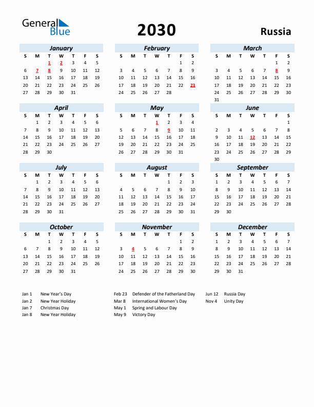 2030 Calendar for Russia with Holidays