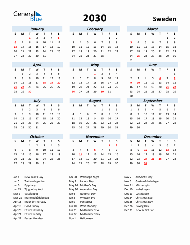 2030 Calendar for Sweden with Holidays