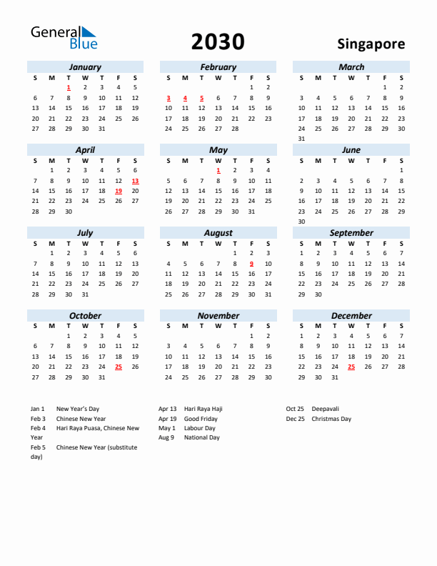 2030 Calendar for Singapore with Holidays