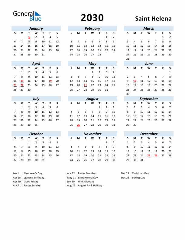 2030 Calendar for Saint Helena with Holidays