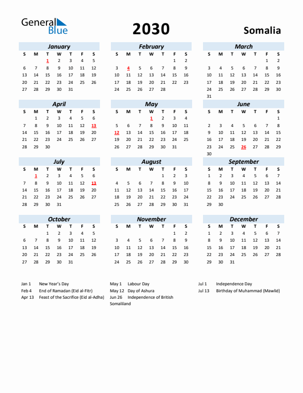 2030 Calendar for Somalia with Holidays